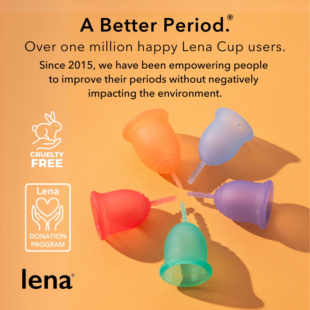 A Better Period tag line, yellow background, circle of colorful Lena Cups