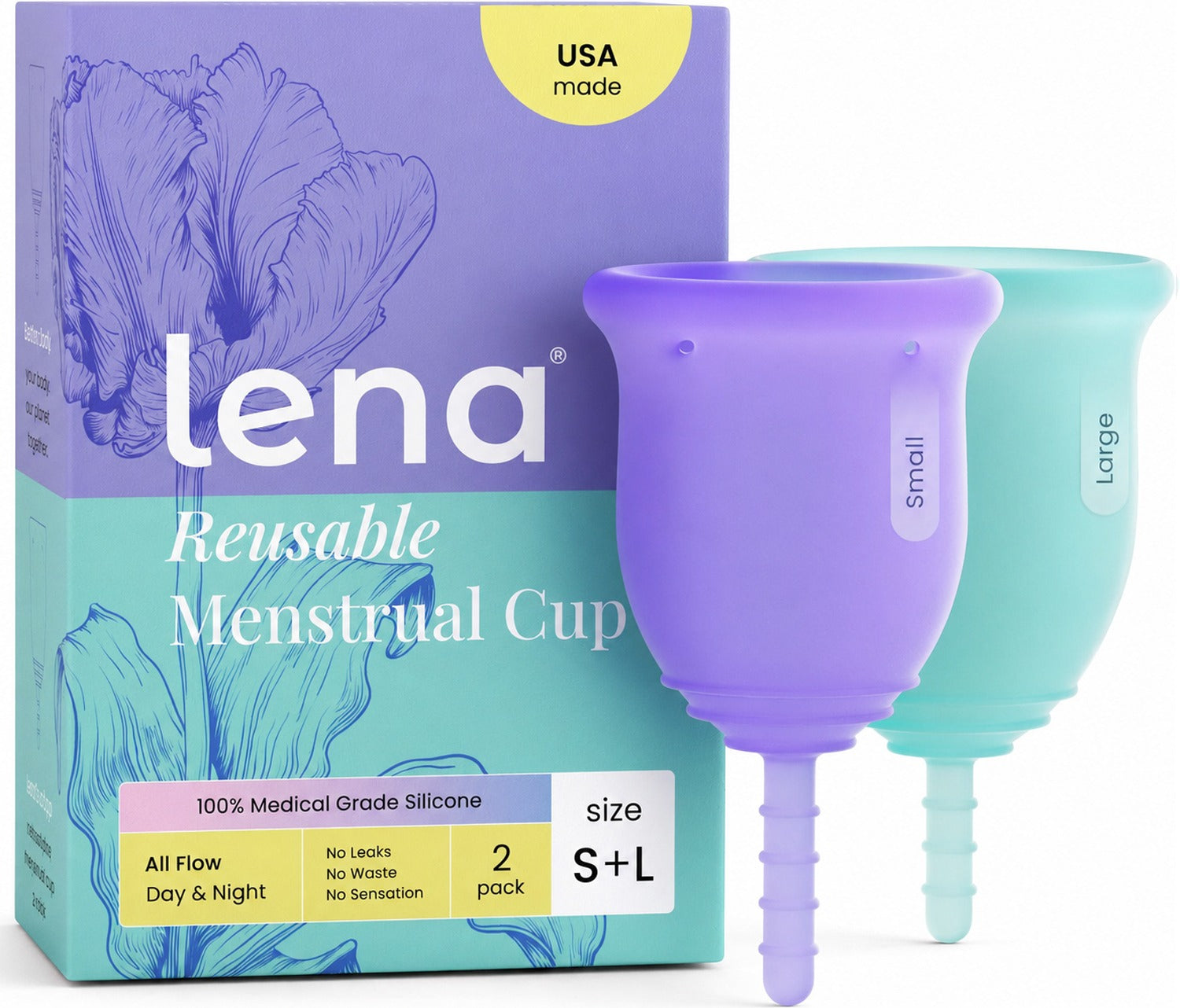 Lena reusable menstrual cups shown with their retail box on a white background. The box is purple and teal with a yellow USA made badge.
