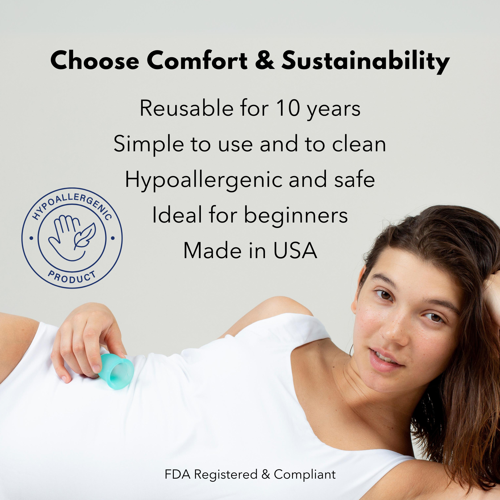 Choose Comfort and Sustainability copy, woman holding a Lena Cup