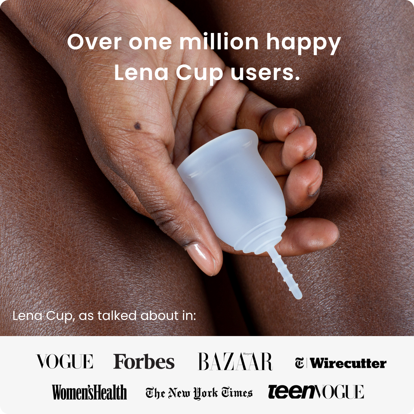 Hand holding a Lena Cup with text about user numbers and media mentions.