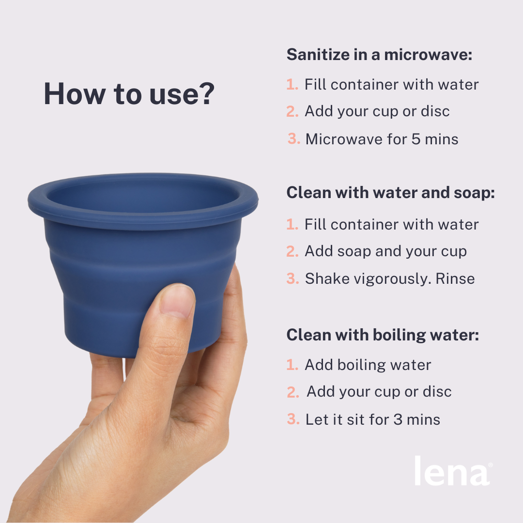 A Hand holding dark blue Lena Cleaning Container