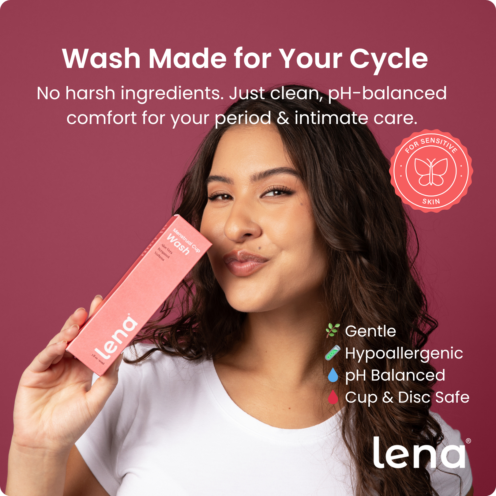 Woman holding a Lena product box with text about the product's benefits on a maroon background
