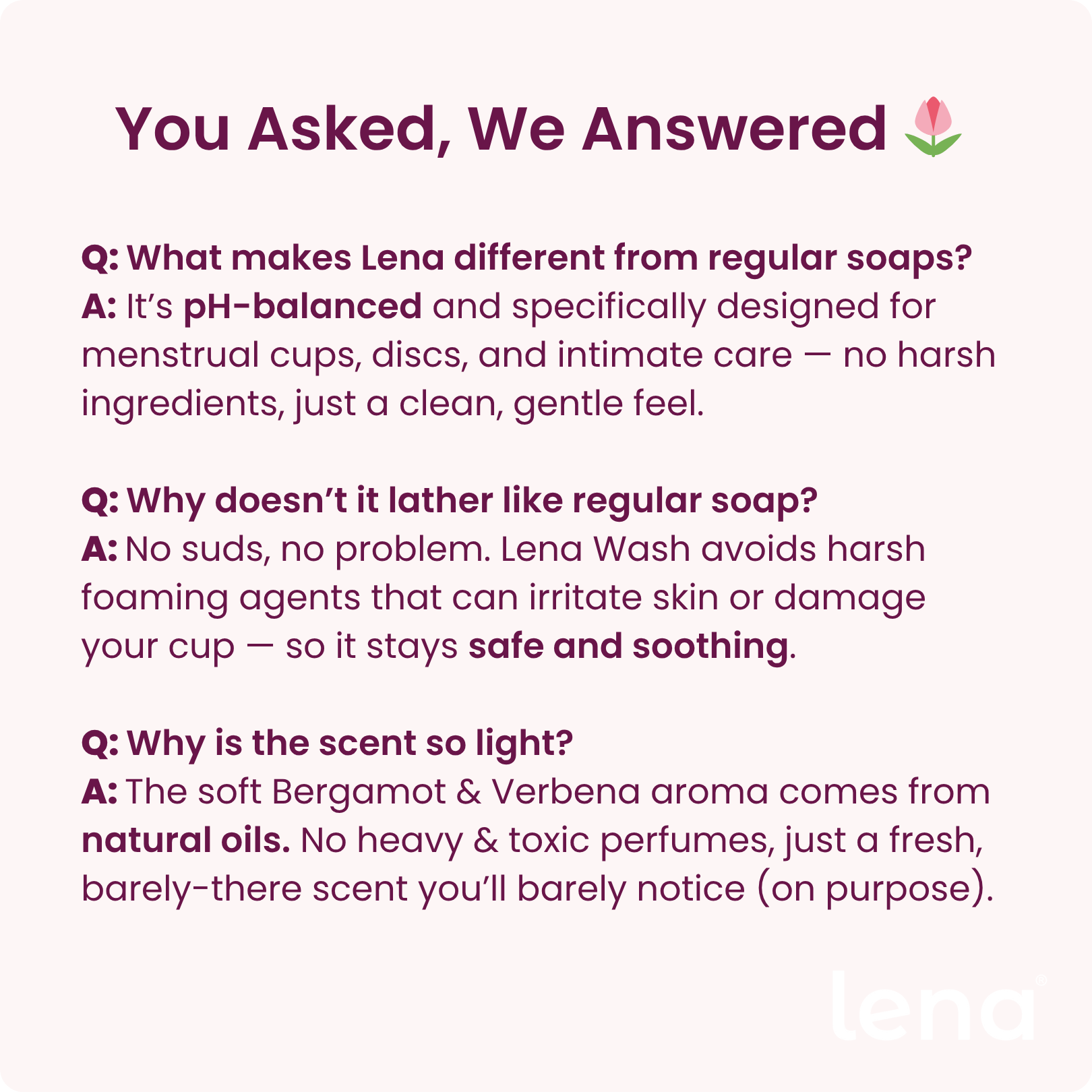 Answers to questions about Lena soap on a white background