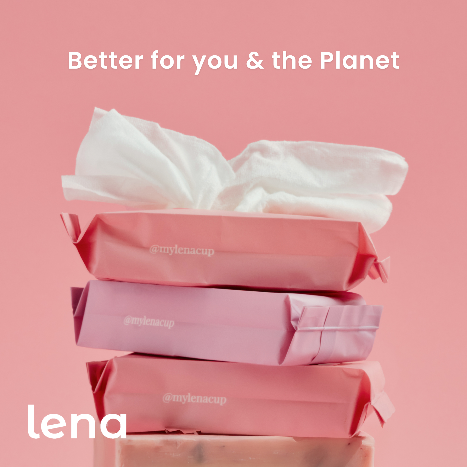 Stack of pink tissue packs with white tissue on a pink background, featuring the brand 'lena'.
