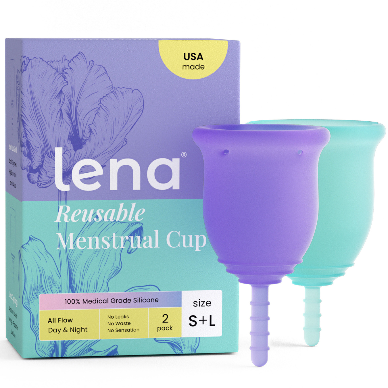 Reusable menstrual cup with packaging labeled 'lena' on a white background