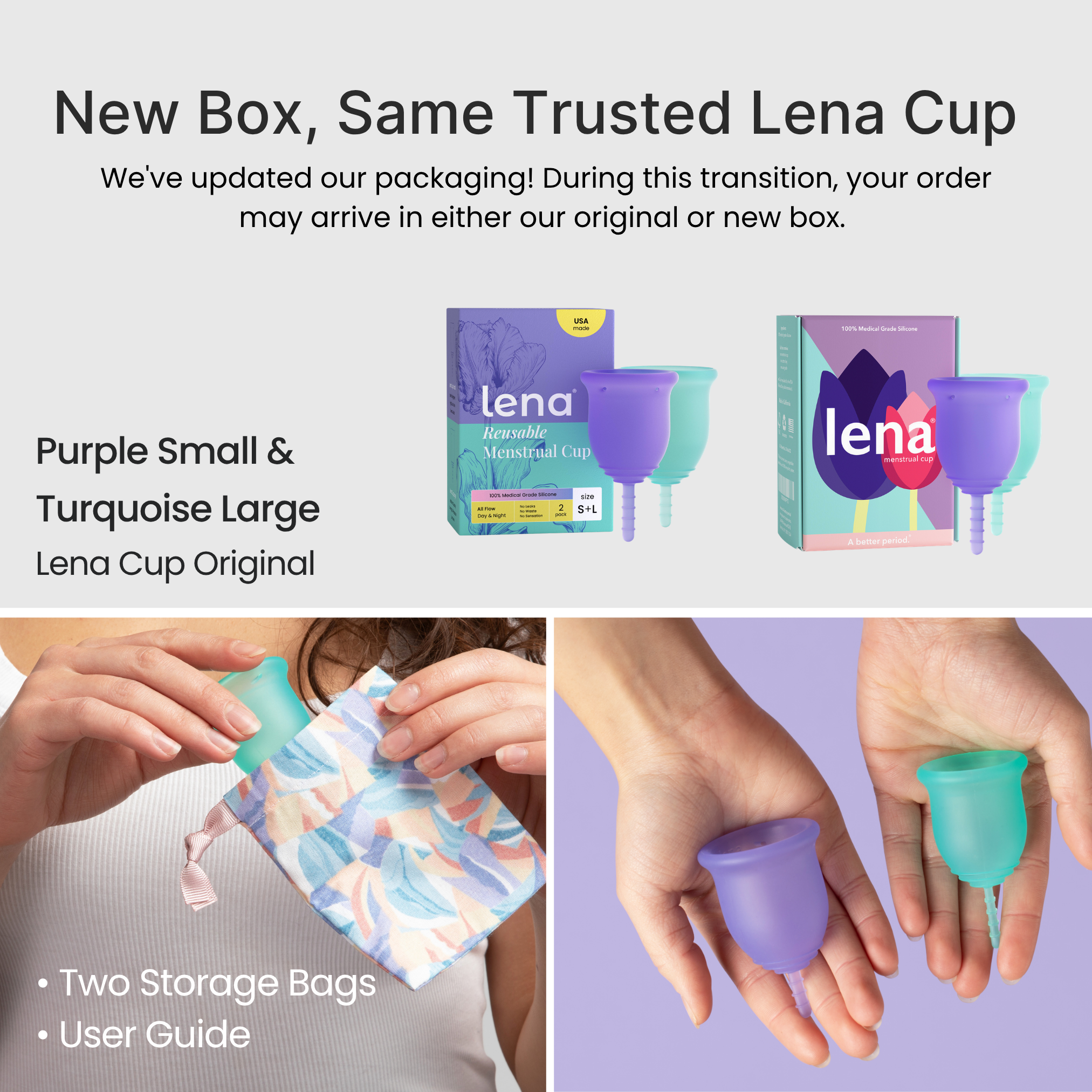 Promotional image of Lena Cup packaging with text about new and original packaging.