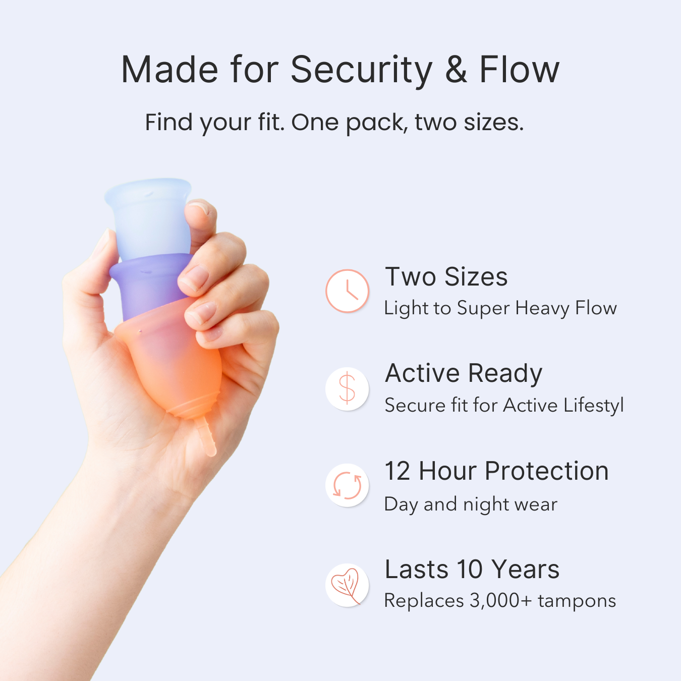 Product packaging with a hand holding it, labeled 'Made for Security & Flow' on a light purple background.