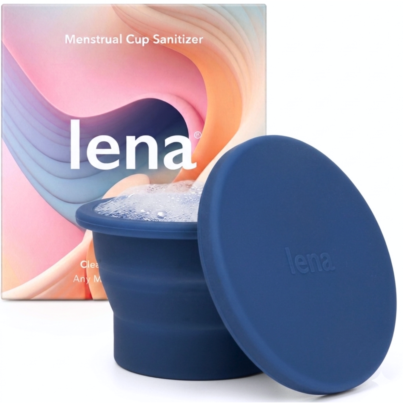 Blue menstrual cup sanitizer with 'lena' branding in front of a colorful box.