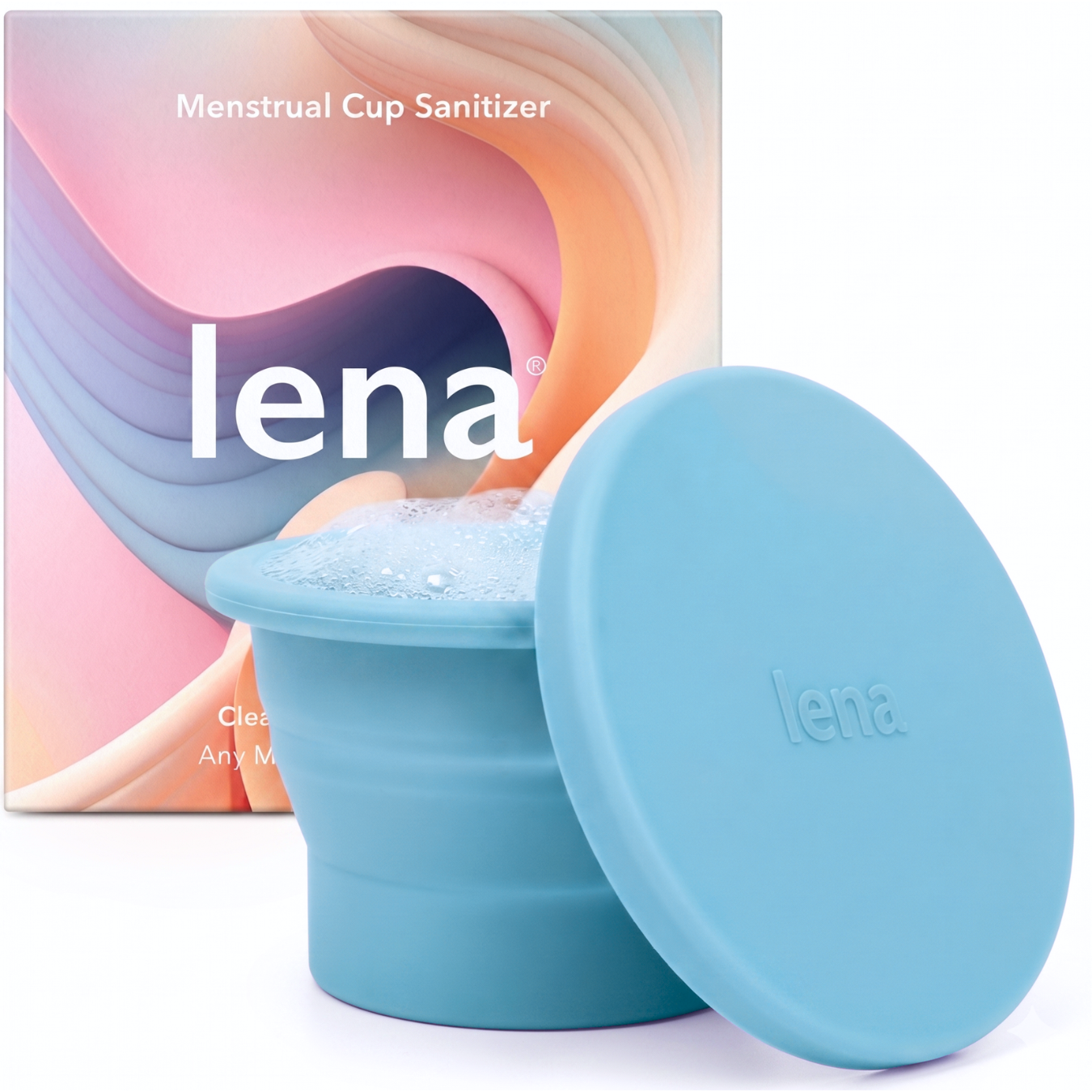 Blue menstrual cup with lid and 'lena' branded packaging on a white background
