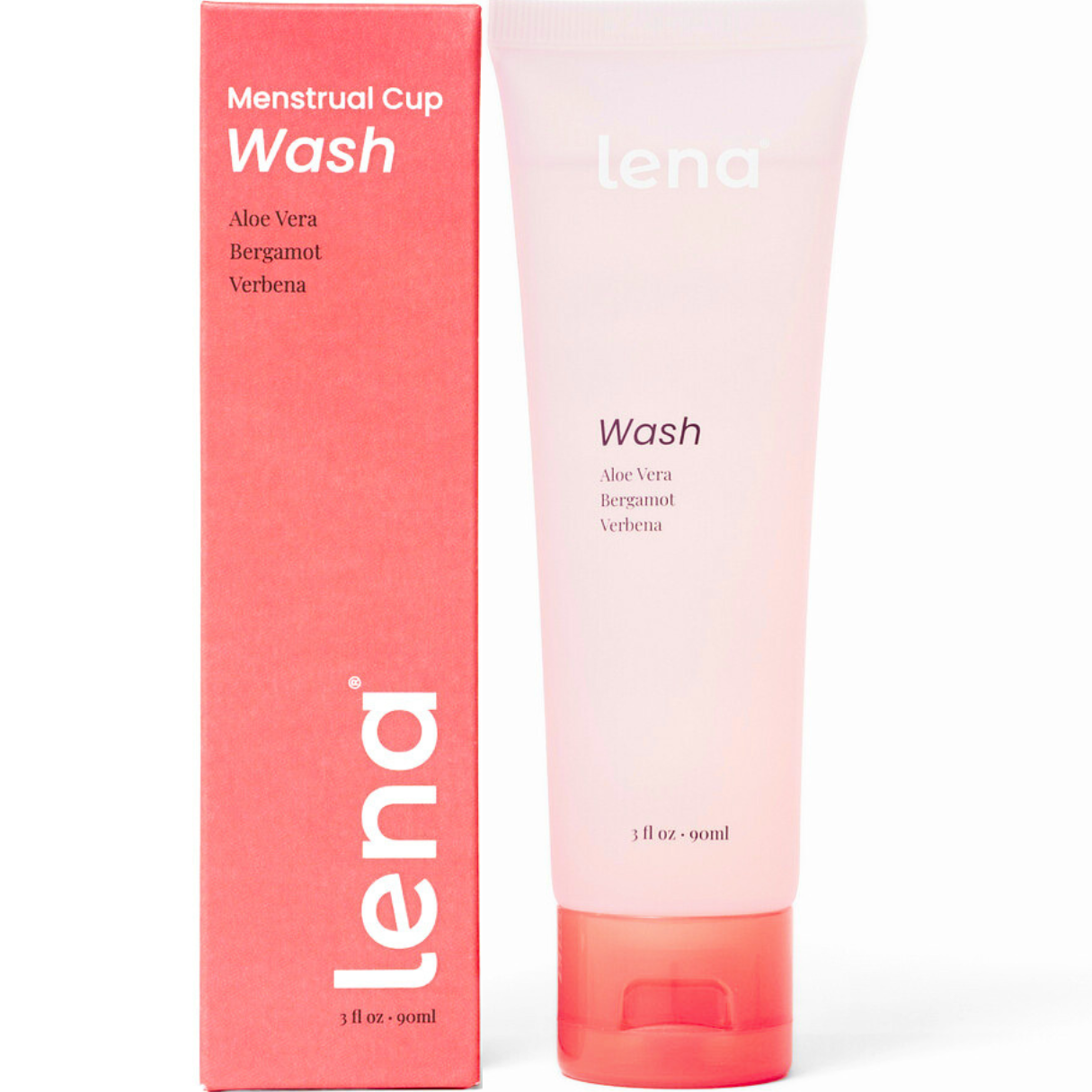 Lena Menstrual Cup Wash packaging and tube on a white background