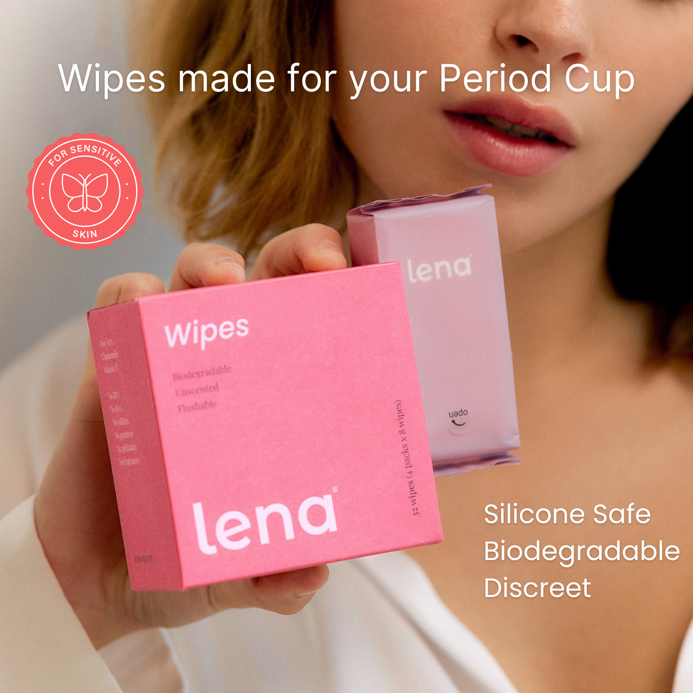 Lena Cup Mini Wipes box held by a Woman