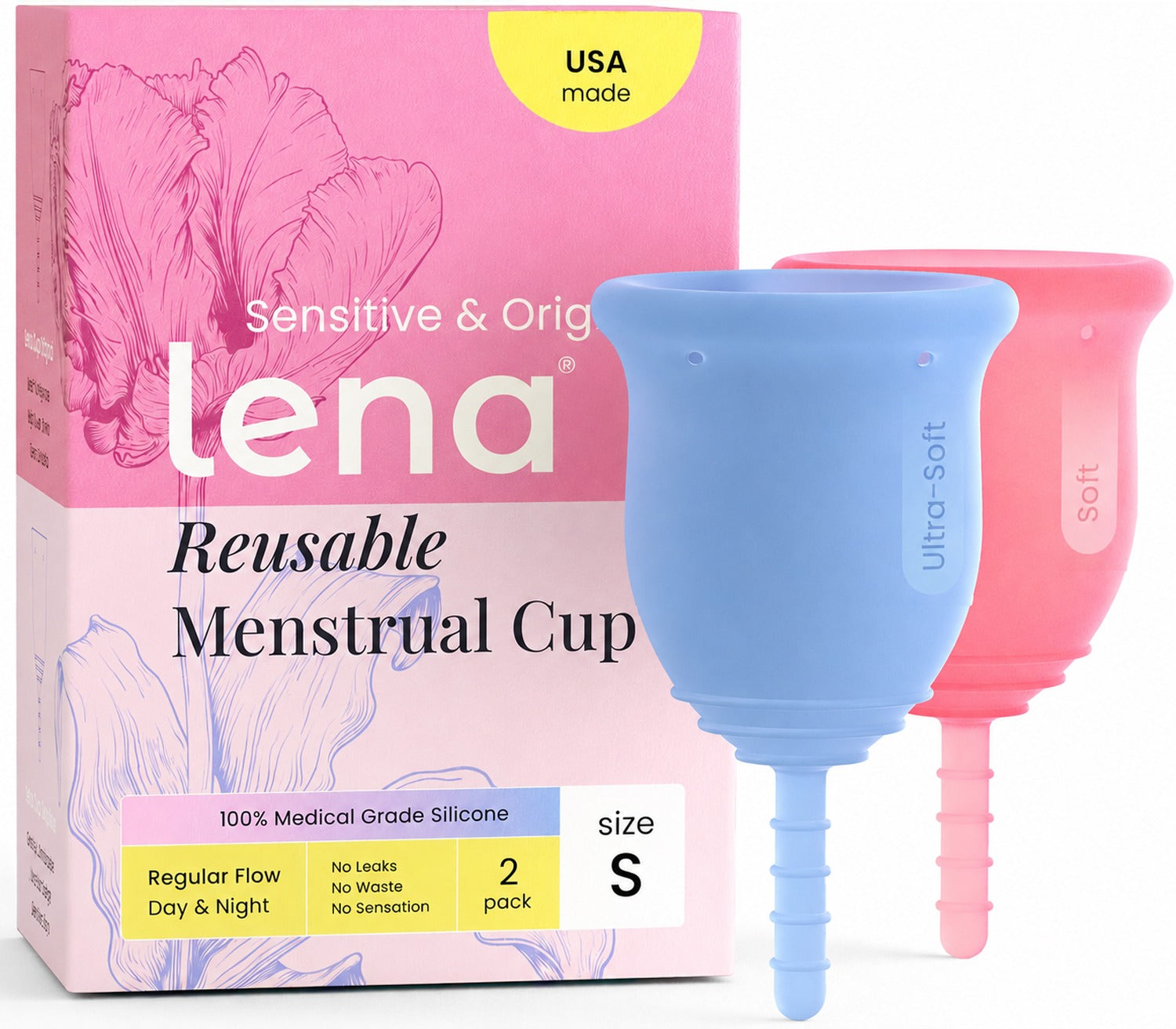 Lena reusable menstrual cup set shown with its retail box on a white background. The box is pink with floral artwork and a yellow 'USA made' badge.