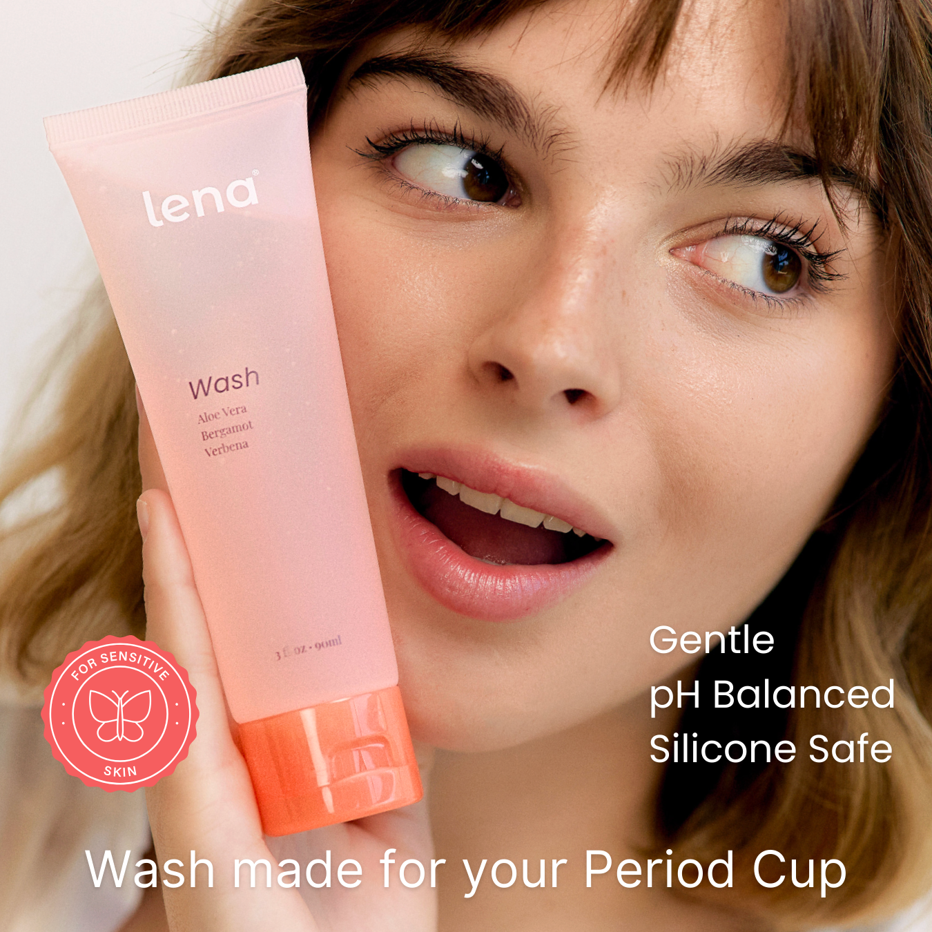 Woman holding a pink 'lena' product with text about its features.