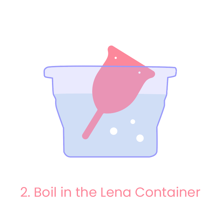Illustration of a pink lena cup in a purple cleaning container with water, labeled '2. Boil in the Lena Container'.