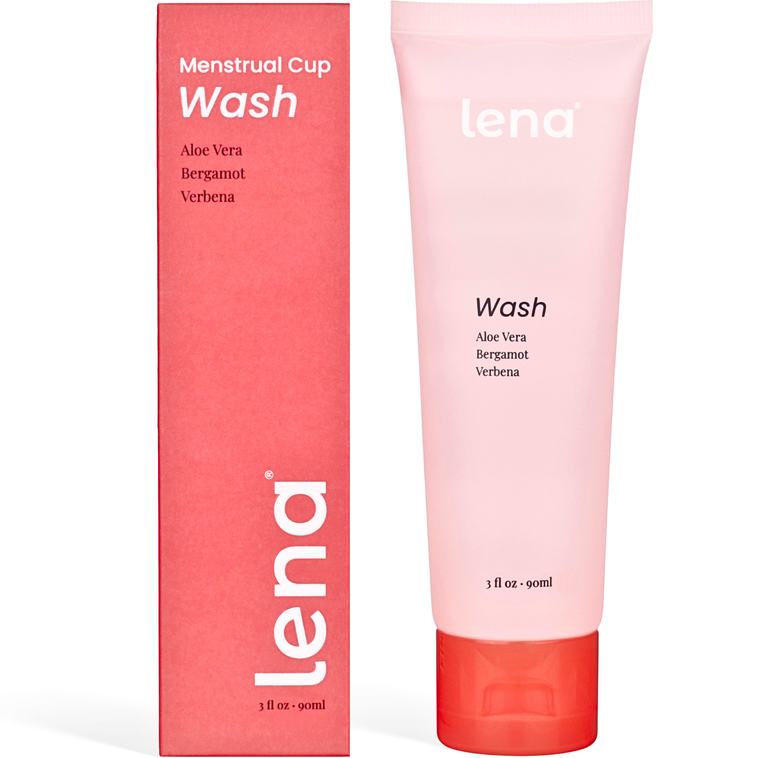 Lena Menstrual Cup Wash tube and packaging on a white background