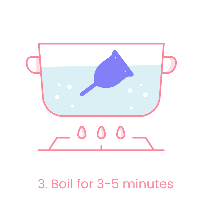Illustration of a pot with water and a purple Lena Cup, indicating a boiling process.
