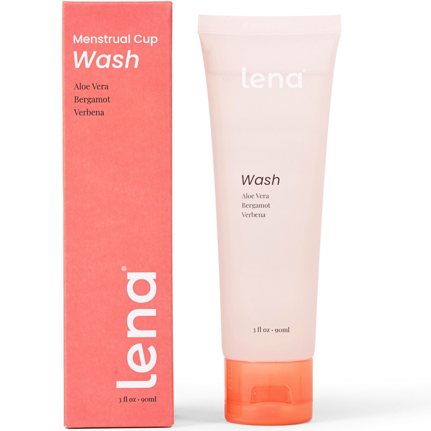 Lena Menstrual Cup Wash tube and packaging on a white background