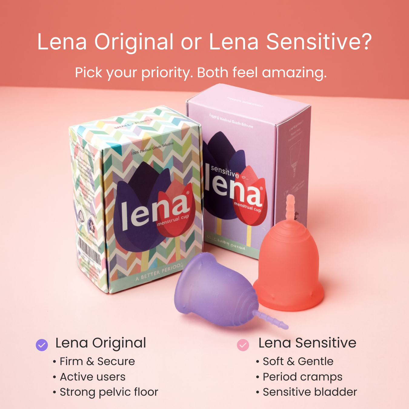 Two menstrual cups and their packaging on a pink background with text about Lena Original and Lena Sensitive.