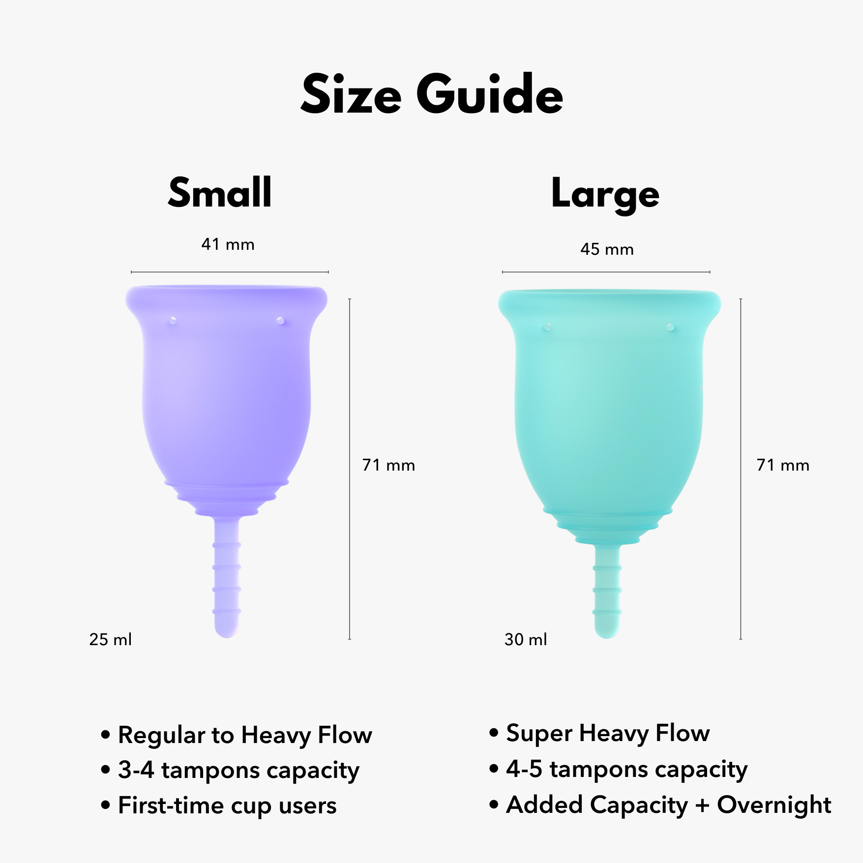 Size chart for the Lena Cup showing a small and a large cups