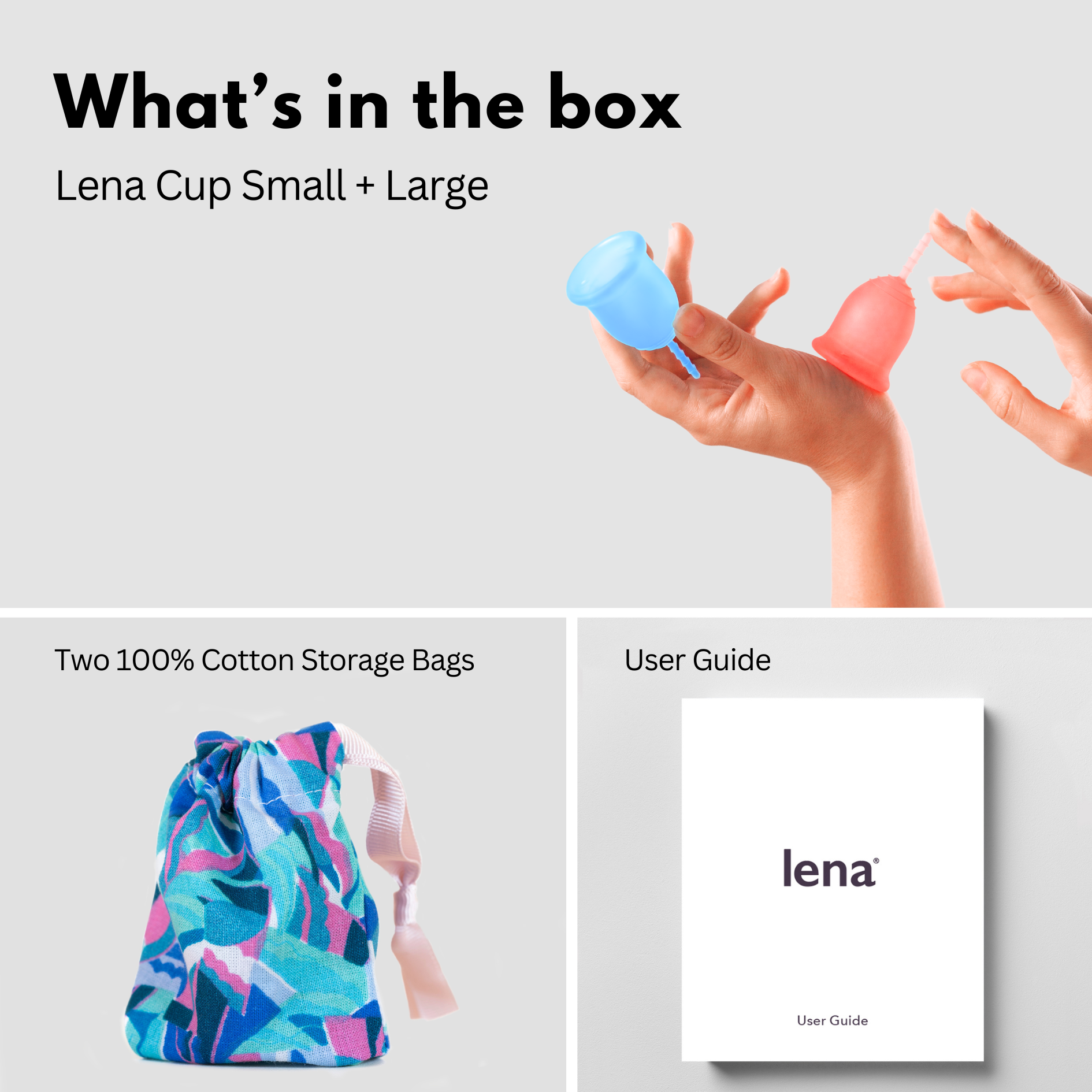 Ingredients shown of the Lena Cup package - Two Lena Cups, Two bags, one manual