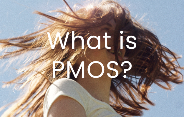 A girl with long ginger hair blowing in the wind with the blue sky in the background. The text "what is PMOS?" is ovarlaid in large white text