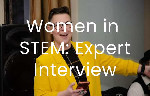 Woman in a yellow blazer smiles at the camera. The text "Women in STEM: expert interview" is overlaid