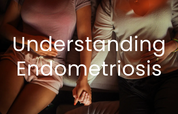 Two women holding hands with their faces and shoulders cropped out, text overlaid stating"Understanding Endometriosis"