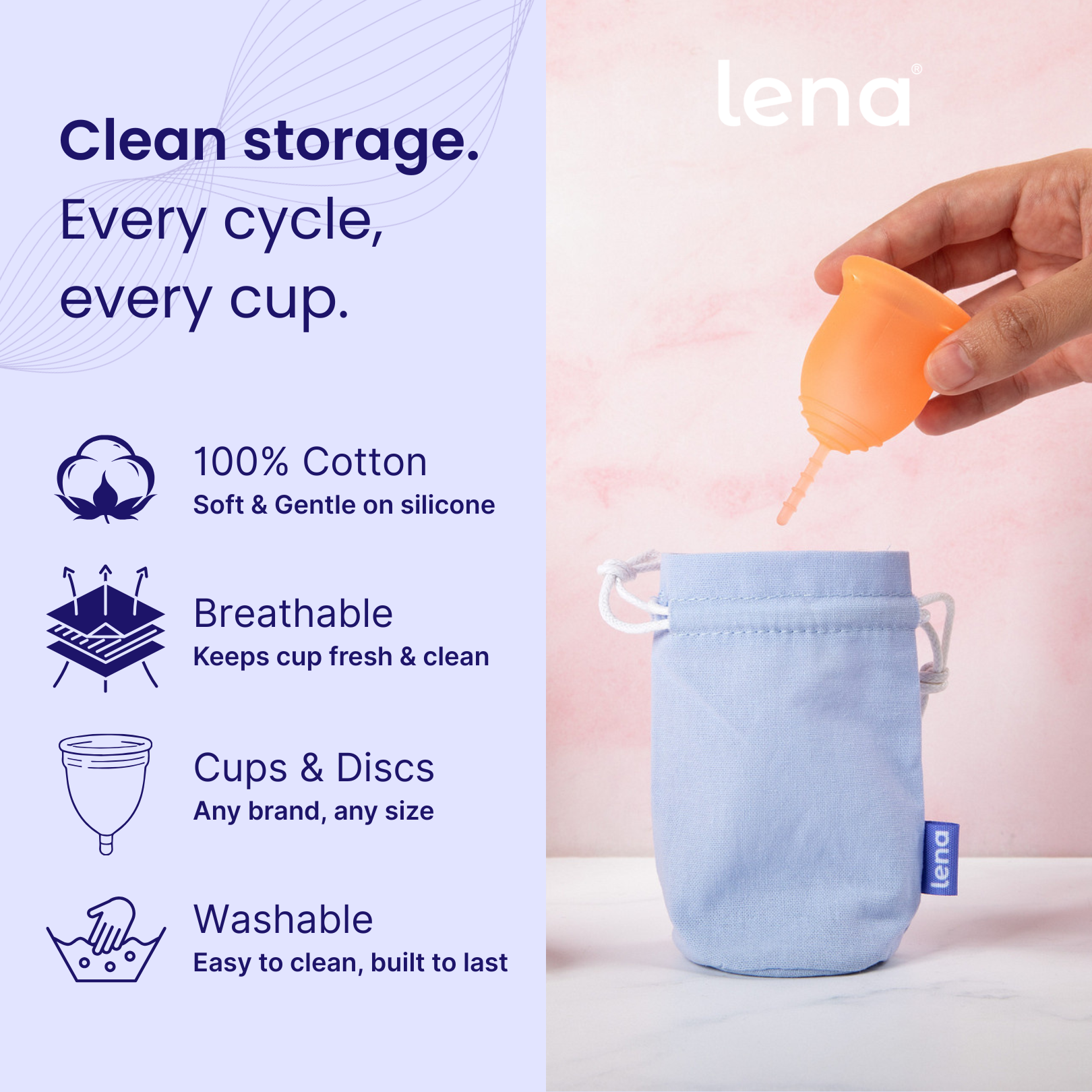 Lena product packaging with a menstrual cup and storage bag on a light pink background
