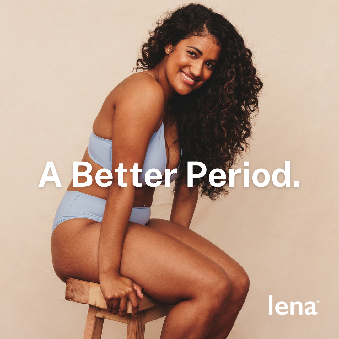 Woman n underwear smiling at the camera. "A Better Period" is written across the image. "Lena" branding at bottom right