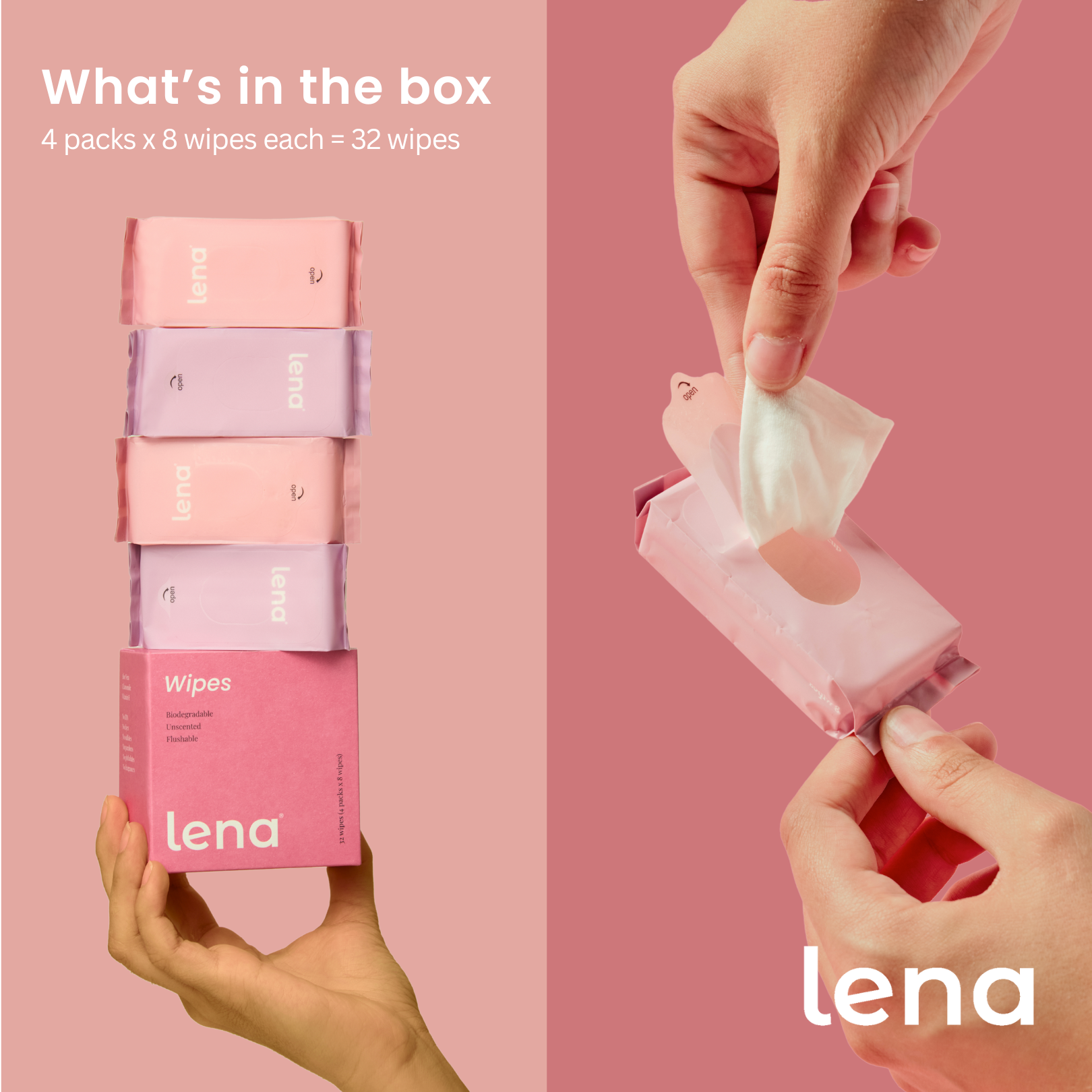 Lena wipes packaging with a hand pulling out a wipe against a pink background