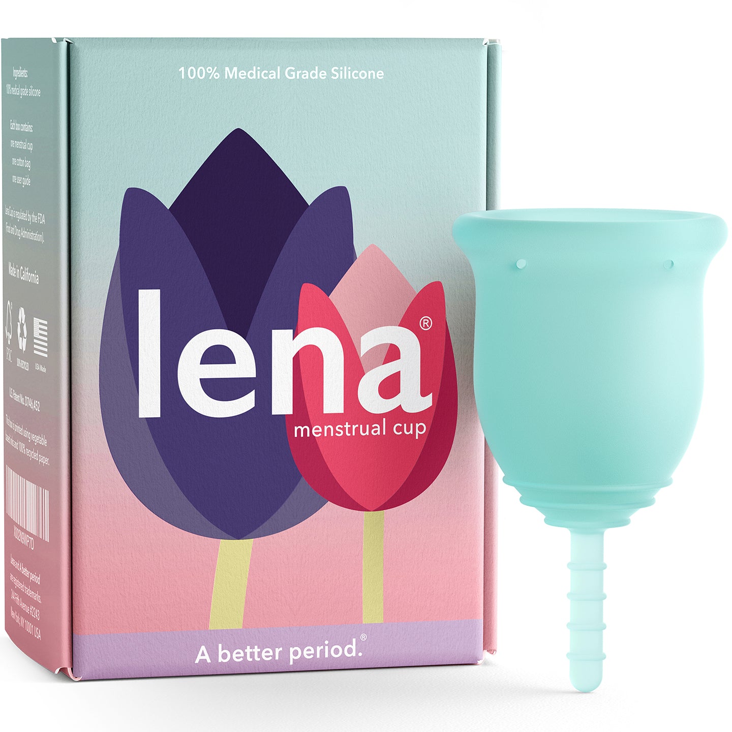 Lena Menstrual Cup in Turquoise, Small with box