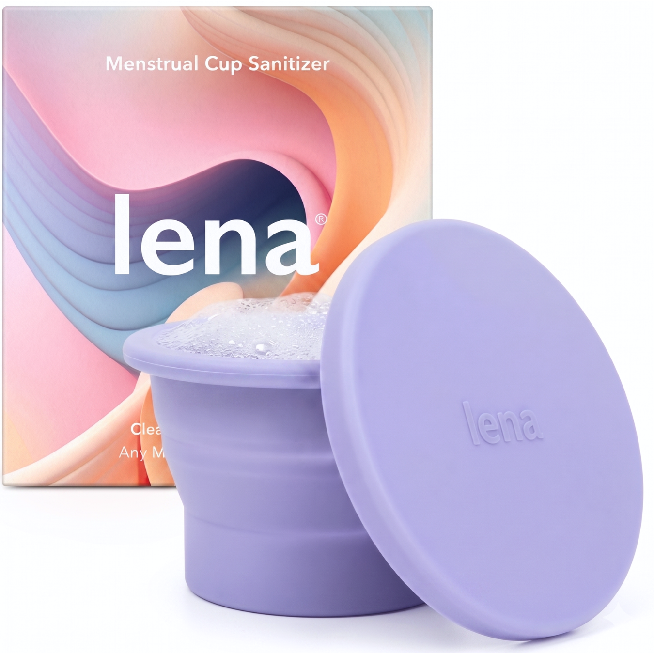 Purple menstrual cup with lid and 'lena' branding, next to colorful 'lena' packaging.