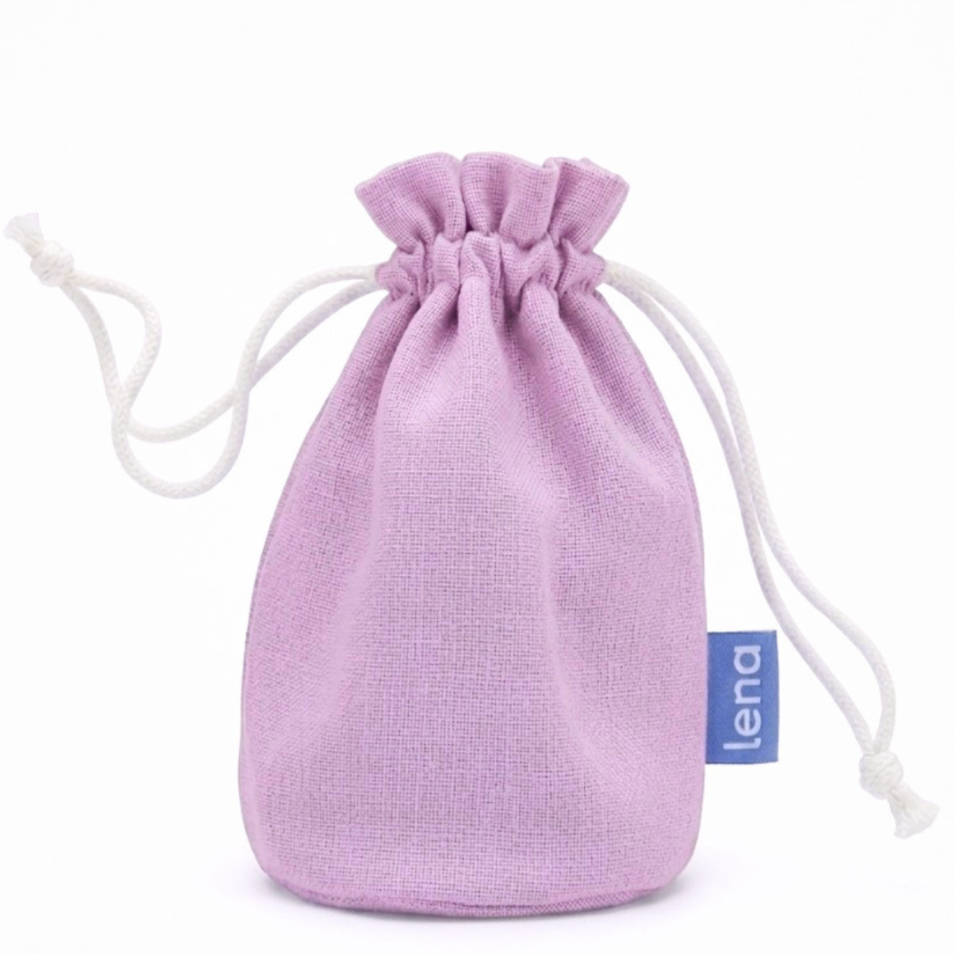 Purple drawstring bag with a visible brand label on a white background