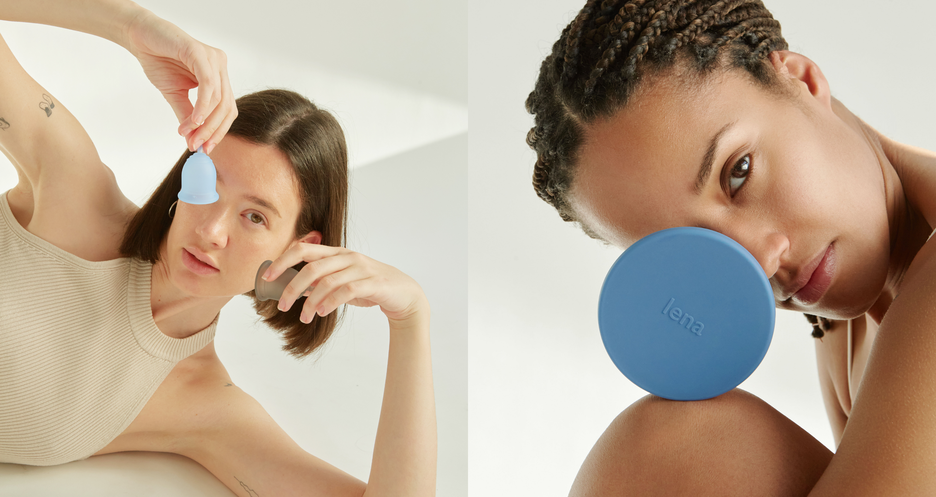 Two women using a blue Lena Cleaning Container and two menstrual cups