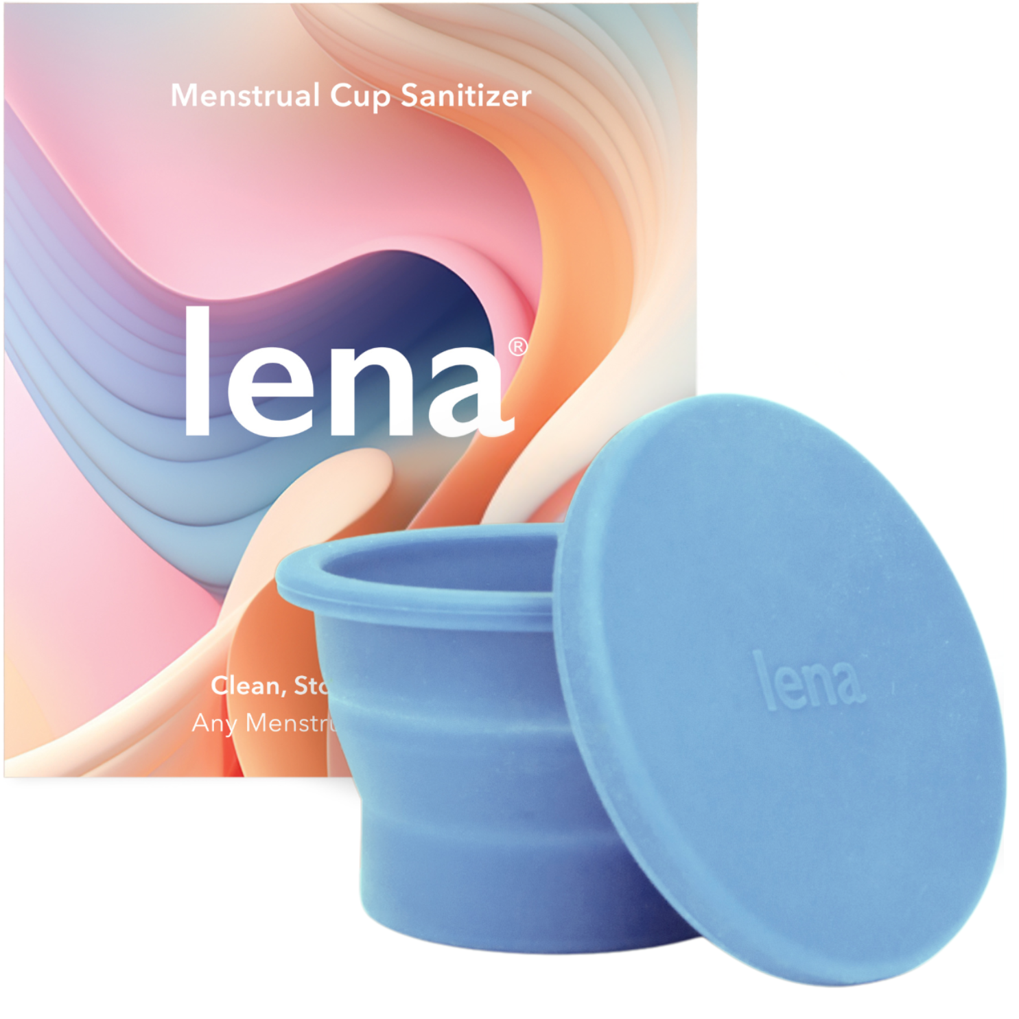 Blue menstrual cup with lid and 'lena' branding against a colorful abstract background