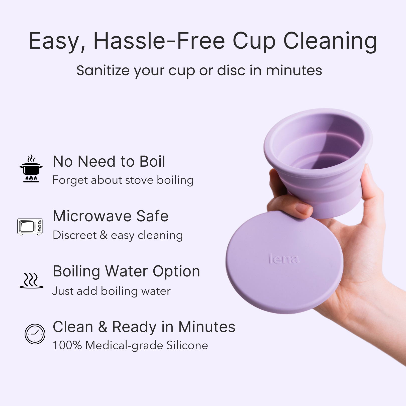 Purple silicone cup with lid held by a hand, featuring text about easy cup cleaning.