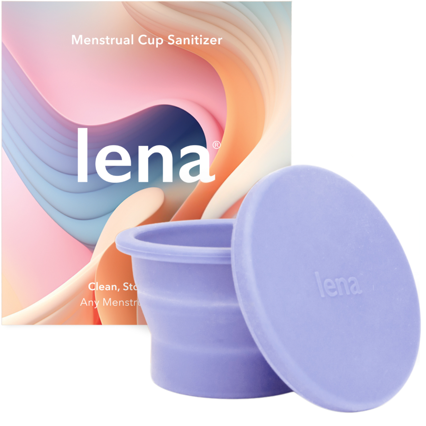 Menstrual cup sanitizer with 'lena' branding on a colorful abstract background