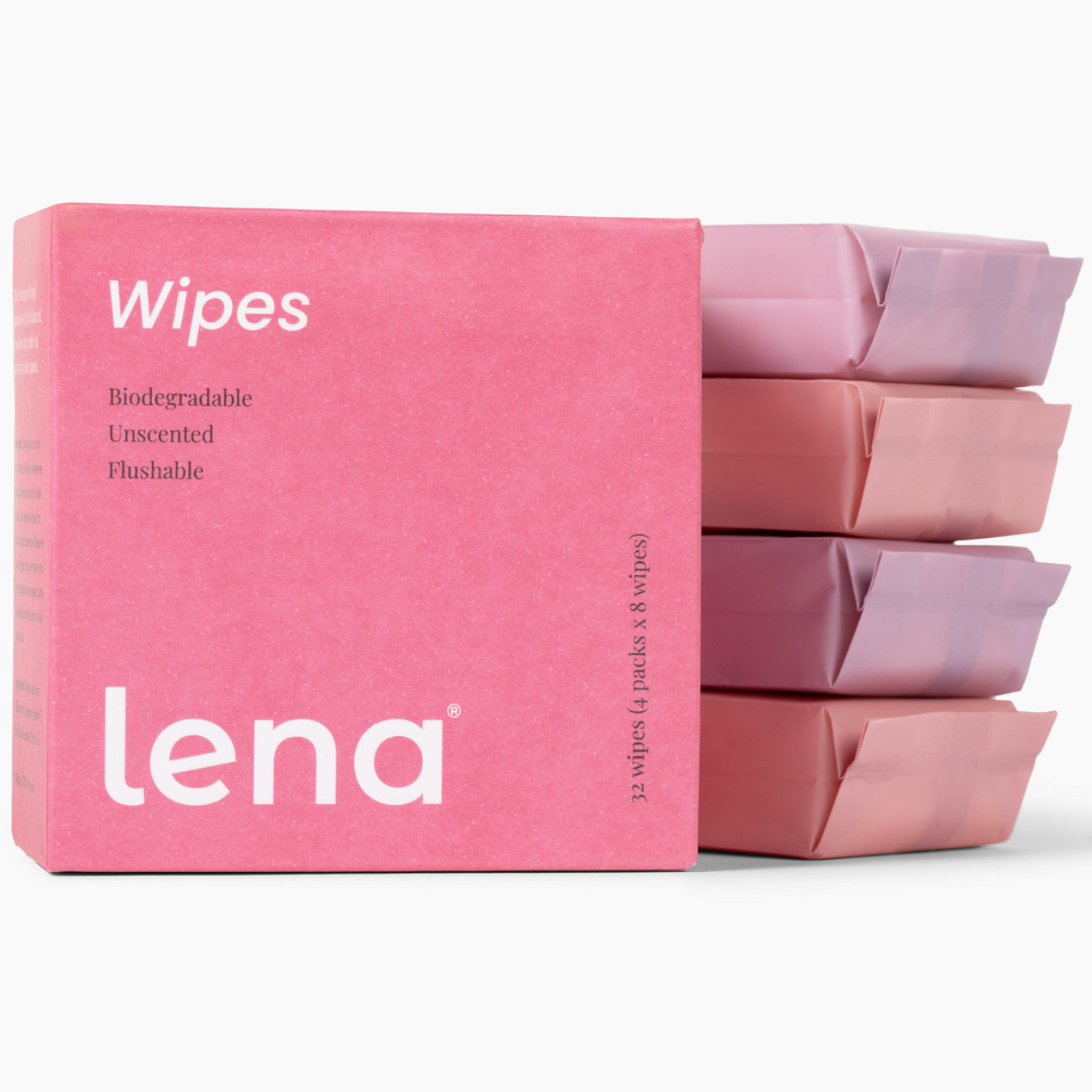 Pink packaging of 'lena' wipes with text on a white background