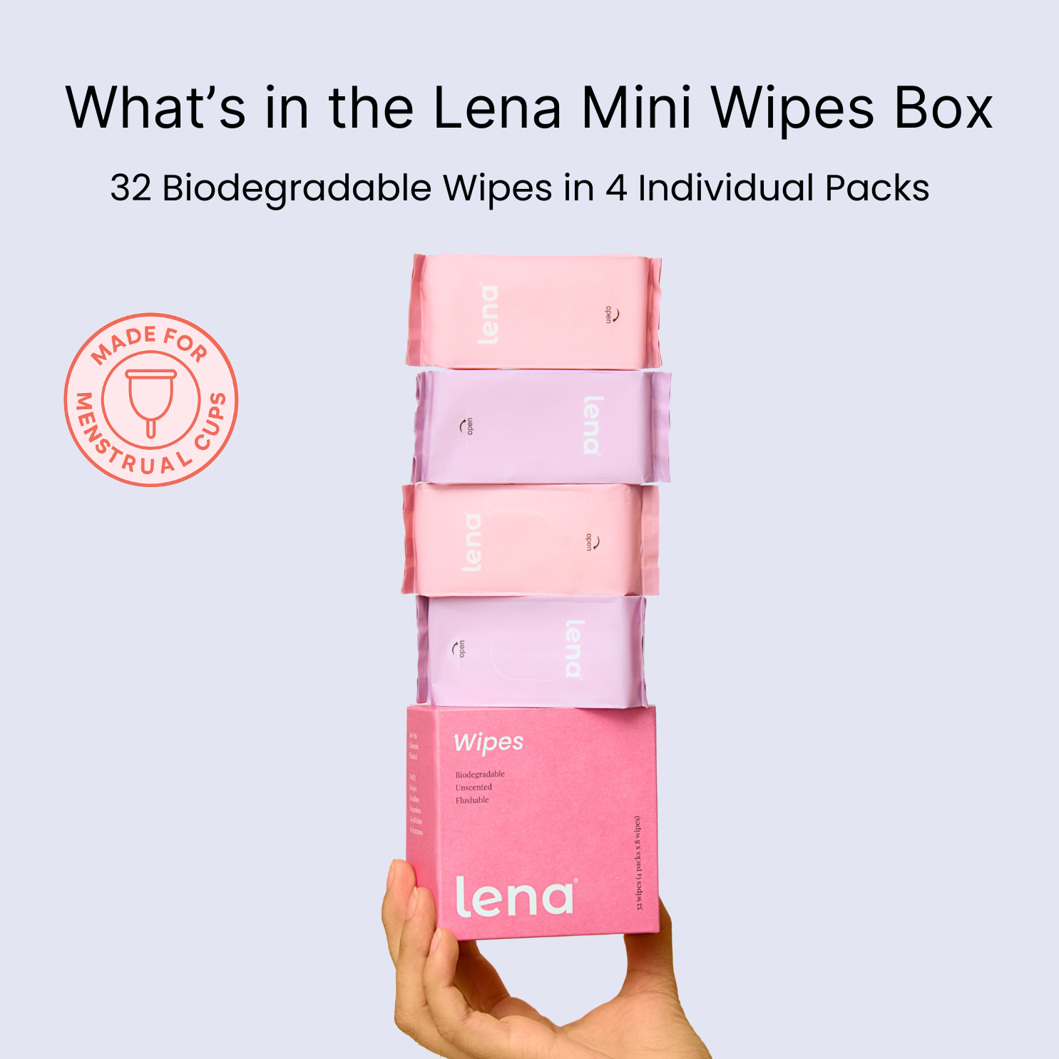 Lena Mini Wipes Box with four individual packs on a light blue background