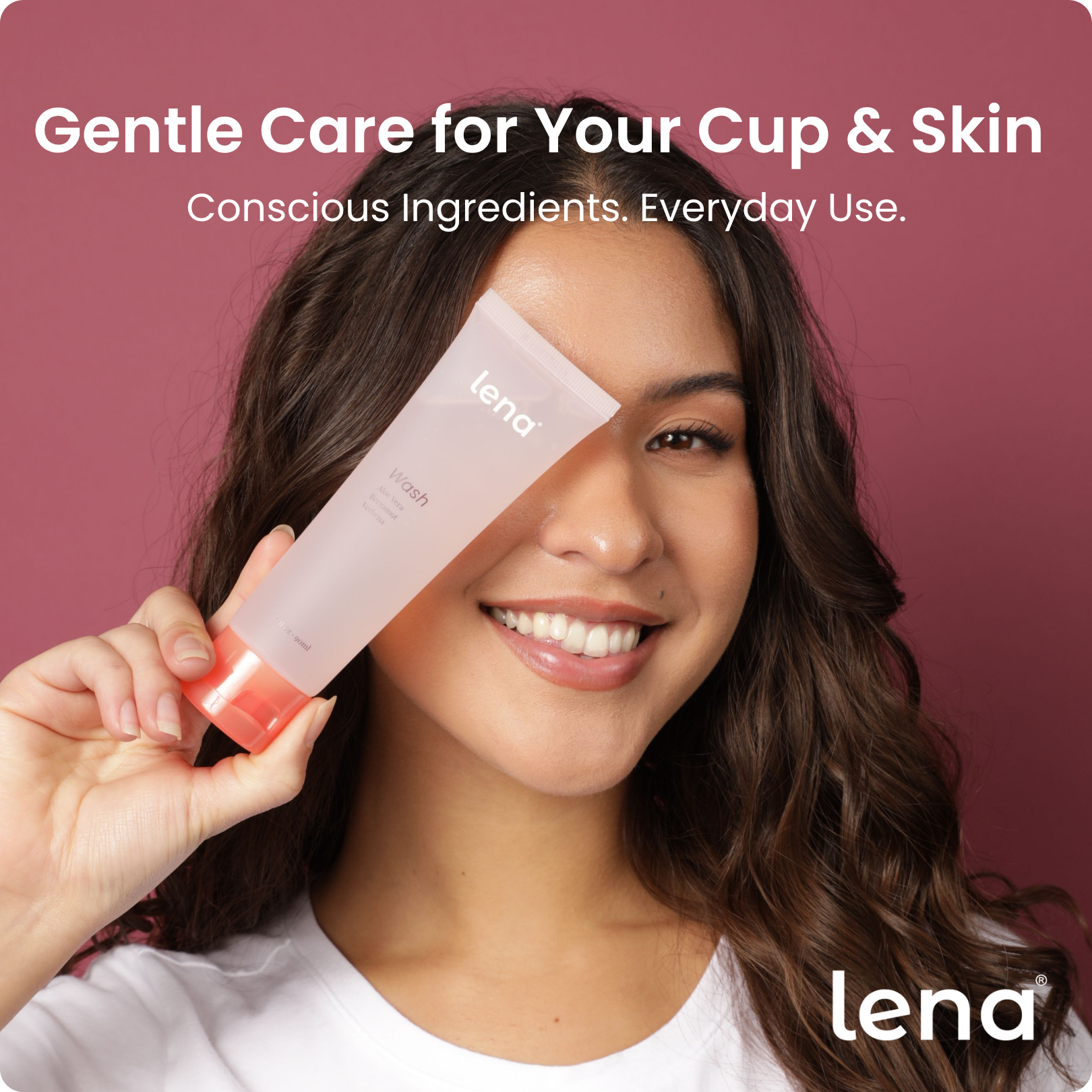 Woman holding a 'lena' product with text about gentle care for cup and skin on a maroon background