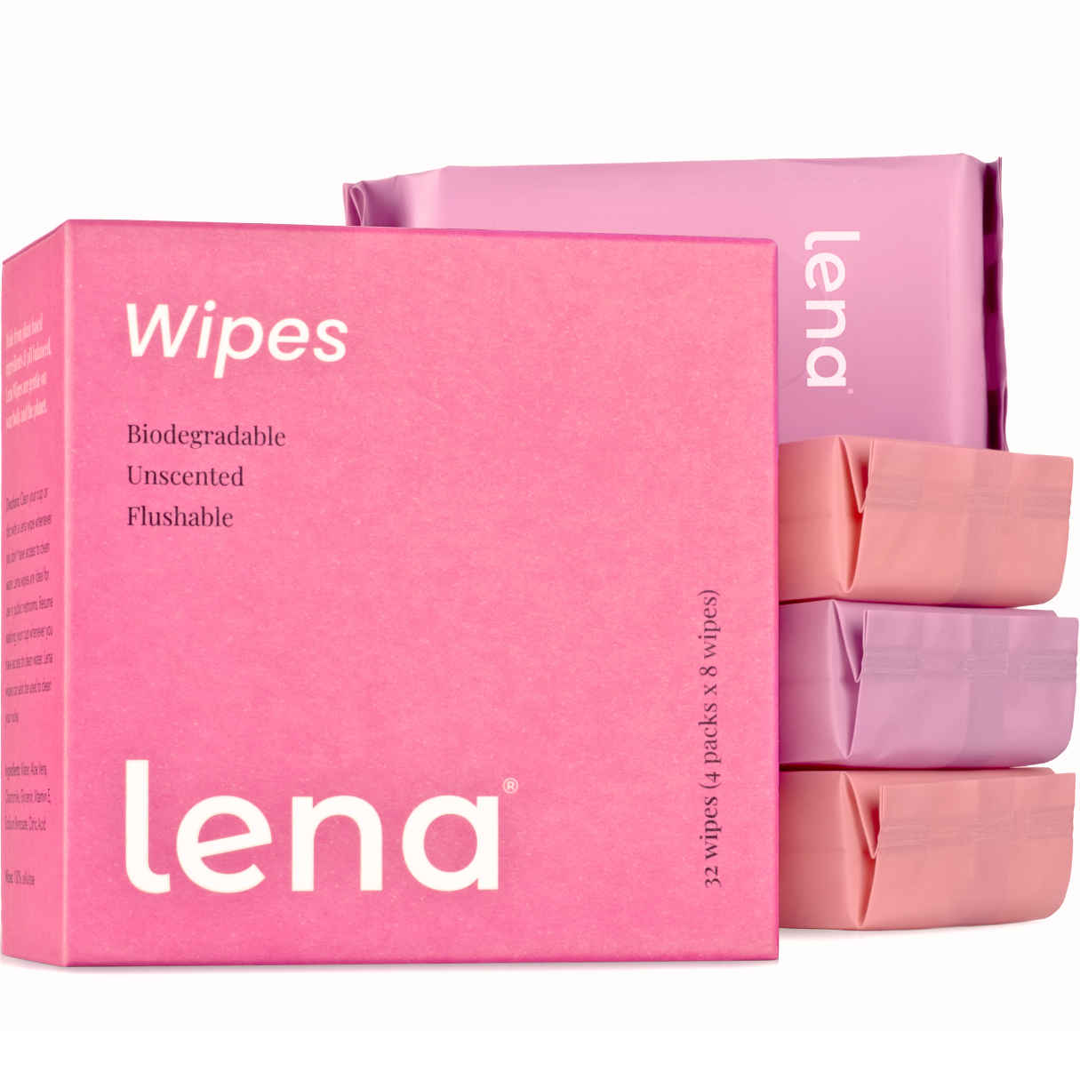 Pink packaging of Lena wipes with text on a white background