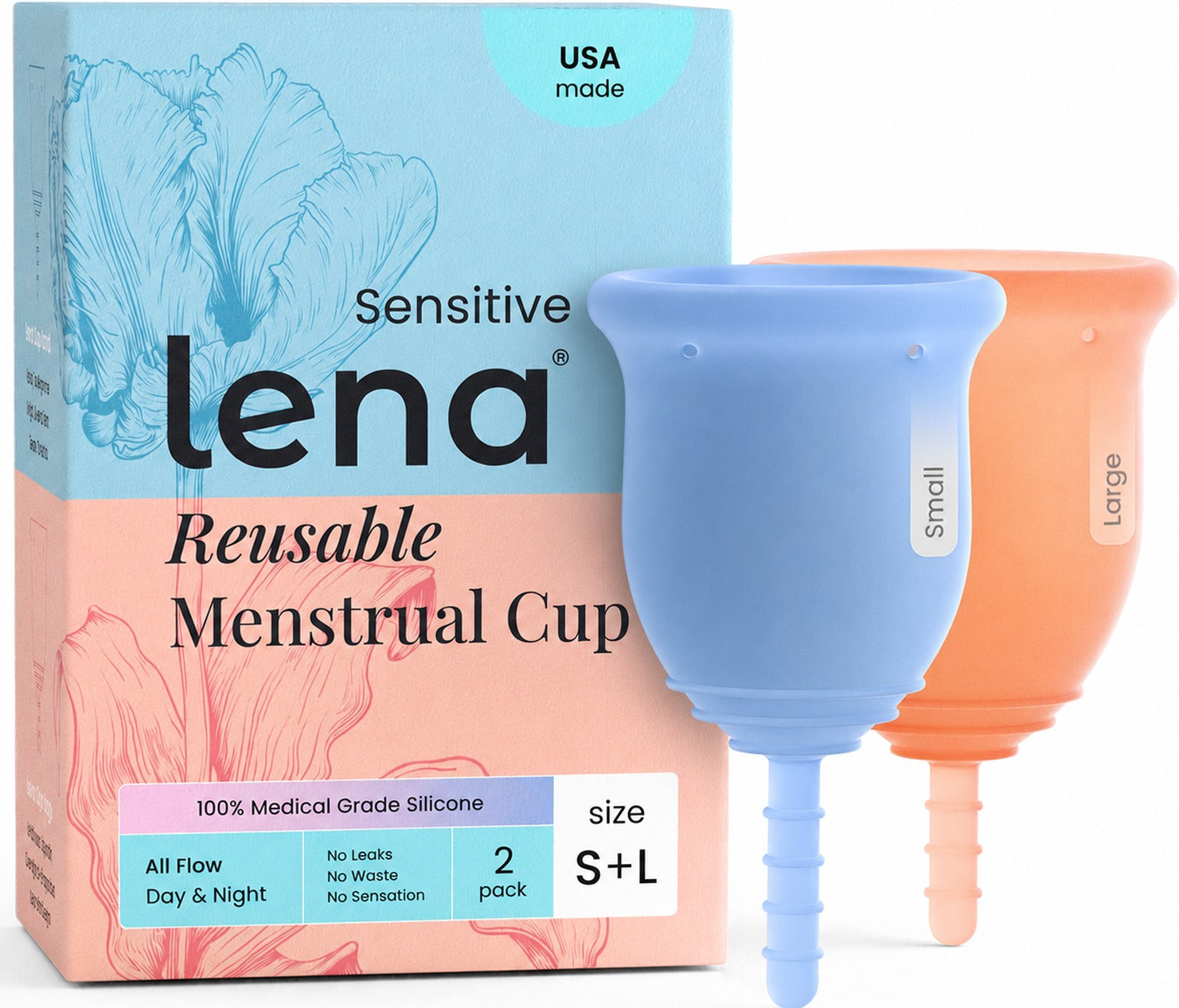 Lena reusable menstrual cups shown with their retail box on a white background. The box is light blue and peach with black text reading 'Sensitive Lena Reusable Menstrual Cup' and 'size S+L'.
