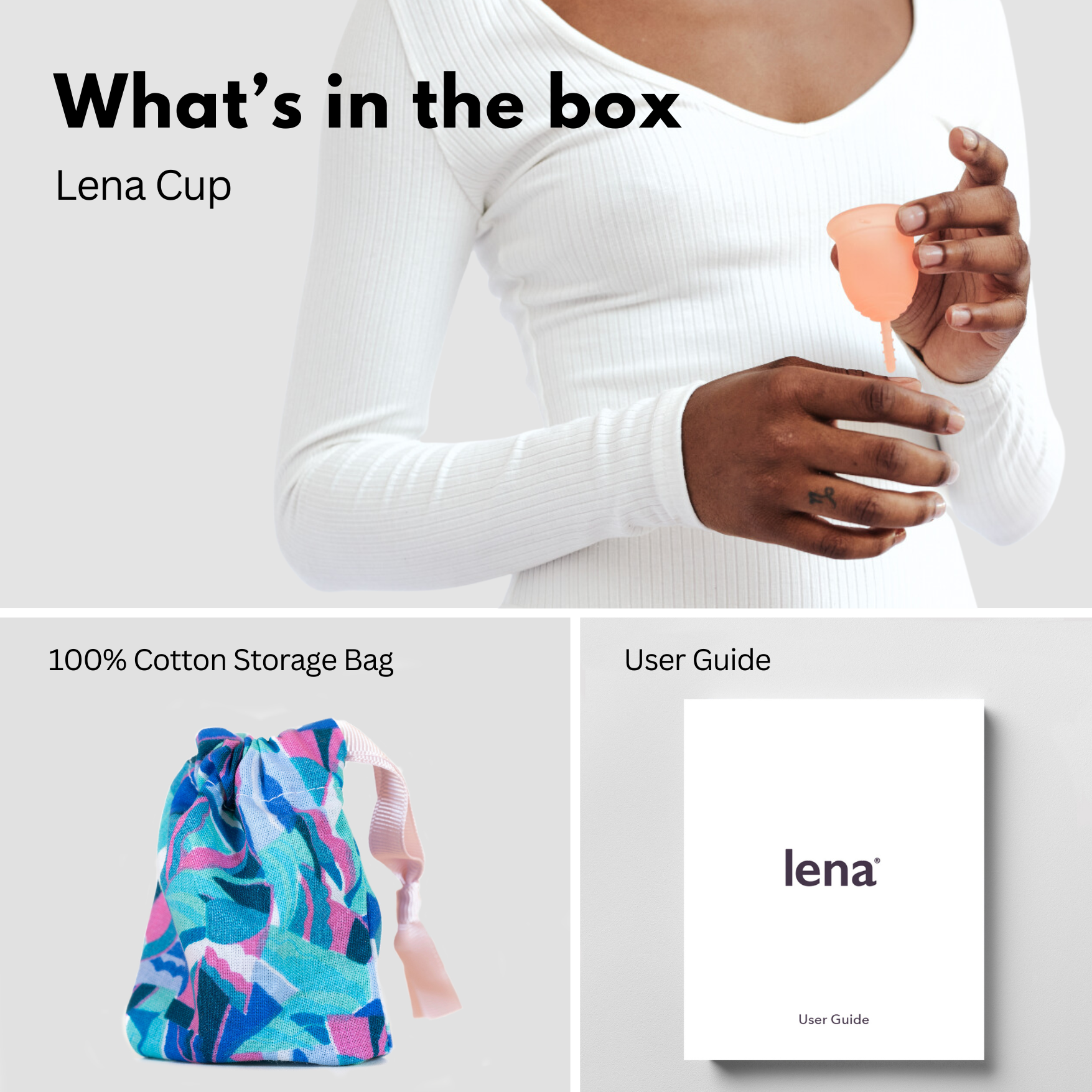 What's in the box graphic. Woman holding a Lena Cup, Bag and user manual